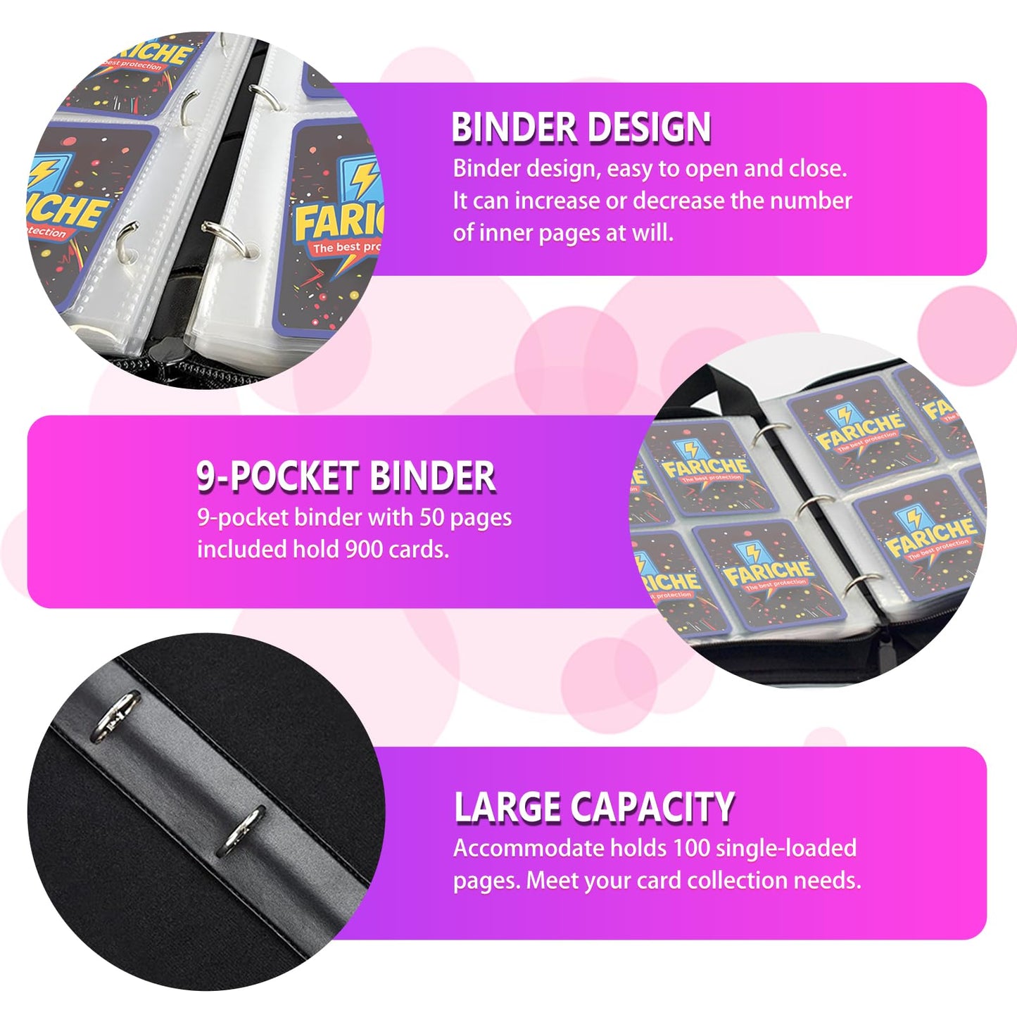 FARICHE 9-Pocket Trading Card Binder – Holds 900 Cards, Waterproof, 40 Removable Pages, 3-Ring Expandable