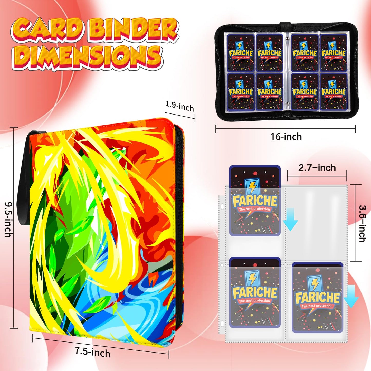 FARICHE Trading Card Binder – 4-Pocket 400-Card Capacity, Waterproof with 50 Removable Sleeves, Portable 3-Ring Album