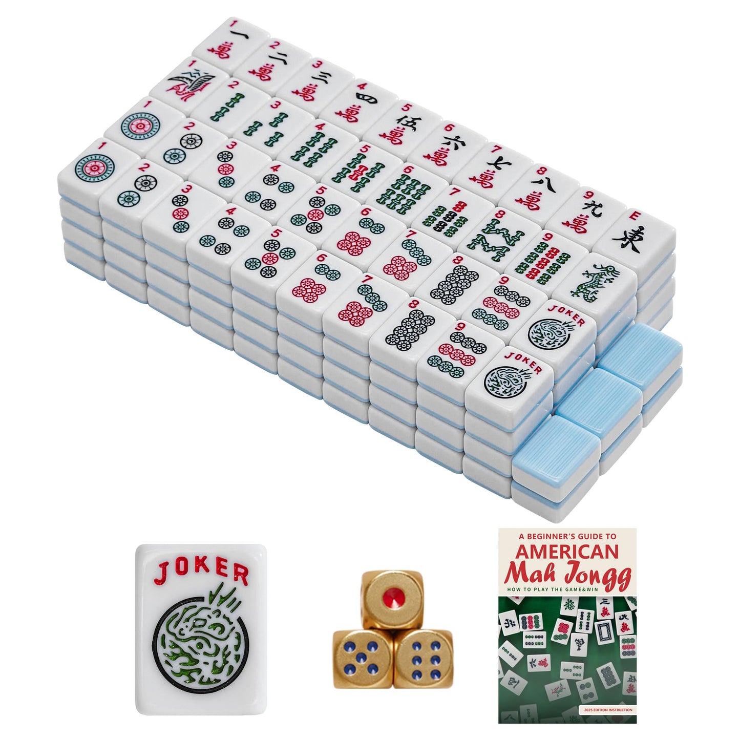 FARINOK American Mahjong Tile Set – 166 White Tiles, 3 Golden Dice, Racks & Bag