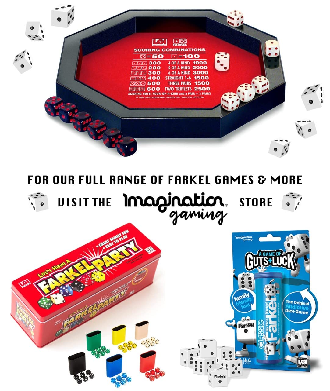 Farkel Game Set with Deluxe Dice Rolling Tray | 2 Dice Sets, 40-Page Scorepad | Family Dice Game