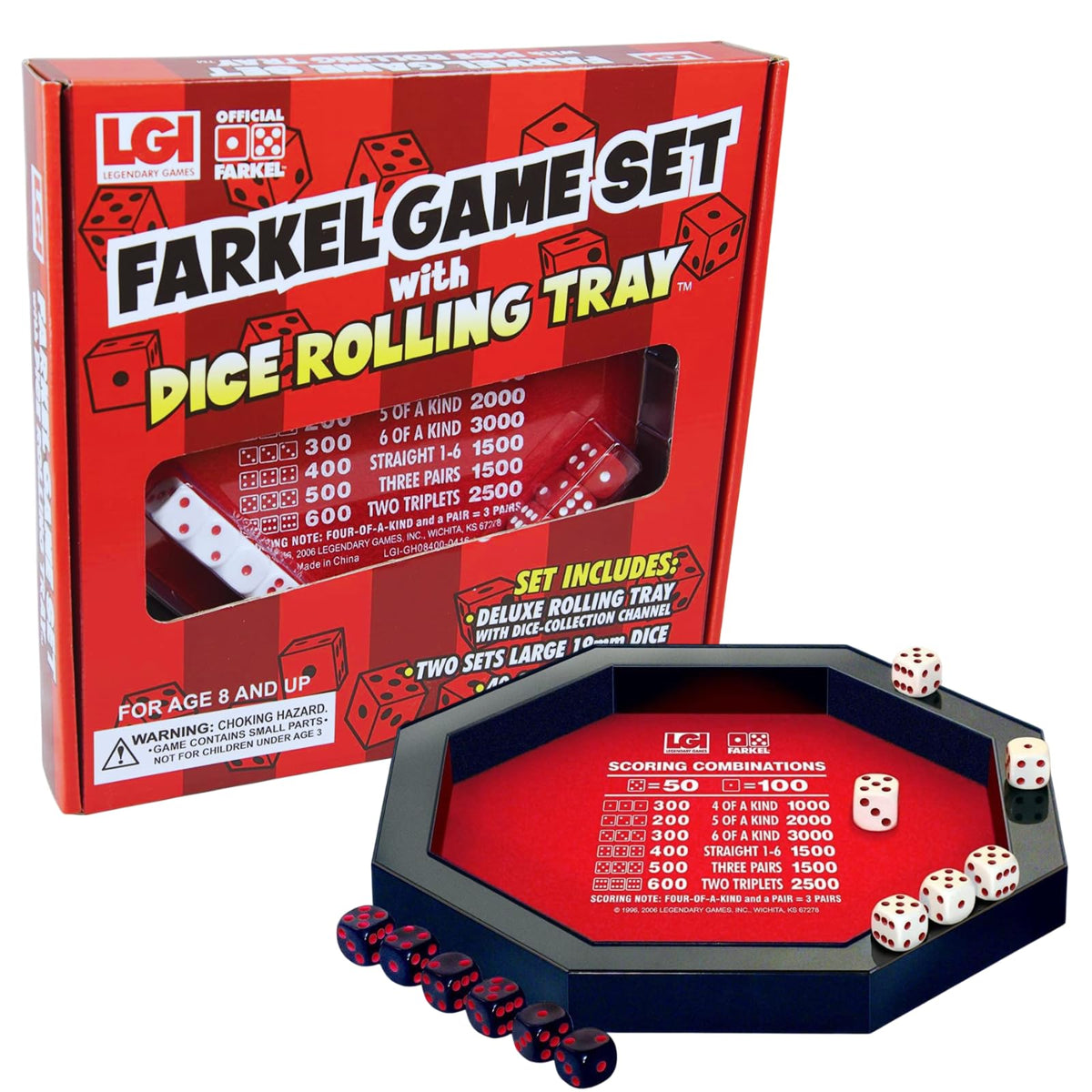 Farkel Game Set with Deluxe Dice Rolling Tray | 2 Dice Sets, 40-Page Scorepad | Family Dice Game