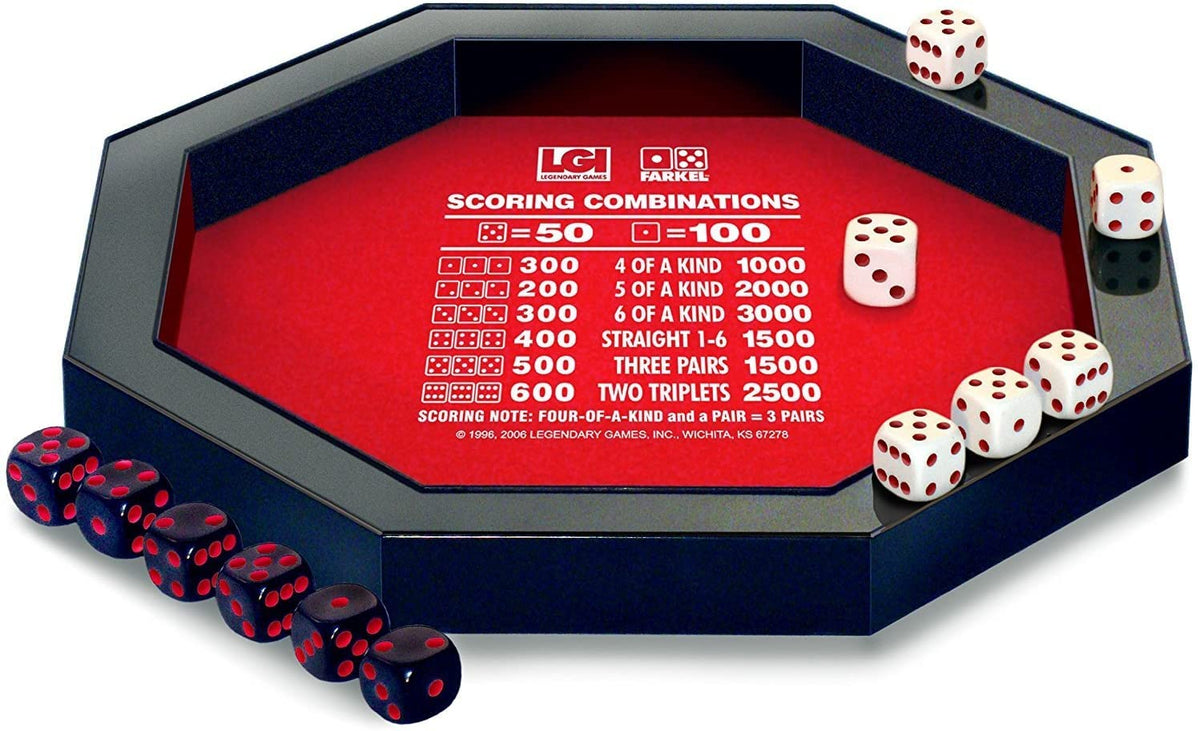 Farkel Game Set with Deluxe Dice Rolling Tray | 2 Dice Sets, 40-Page Scorepad | Family Dice Game