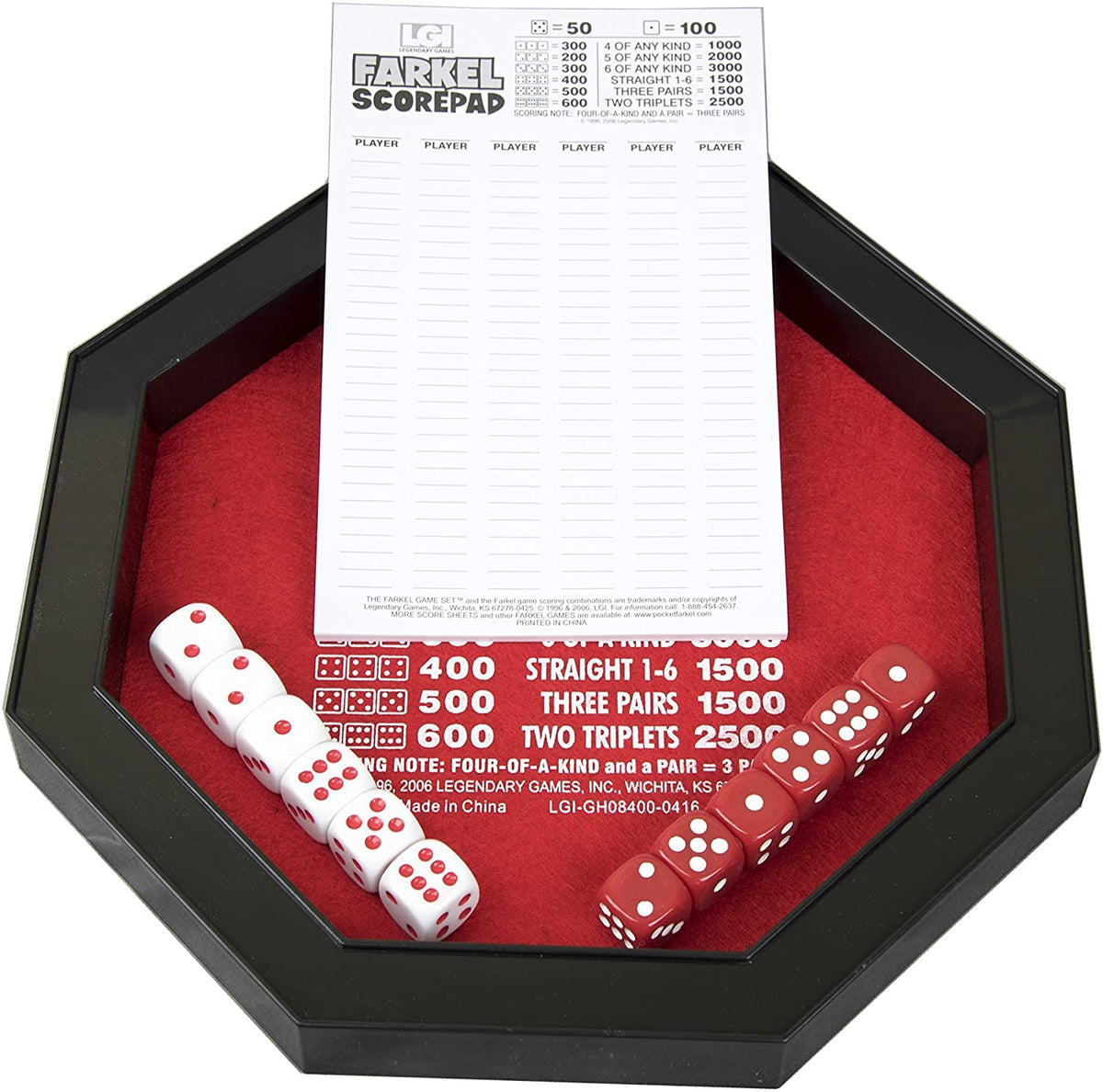 Farkel Game Set with Deluxe Dice Rolling Tray | 2 Dice Sets, 40-Page Scorepad | Family Dice Game