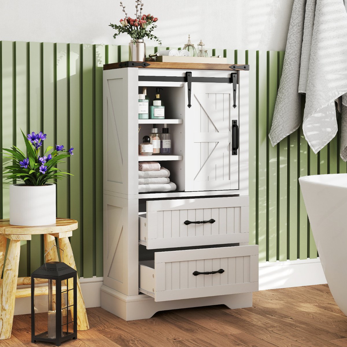 Farmhouse Bathroom Floor Cabinet with Sliding Barn Door-White