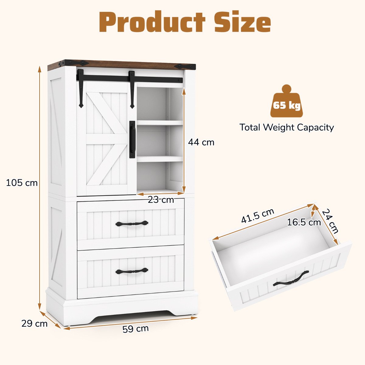 Farmhouse Bathroom Floor Cabinet with Sliding Barn Door-White
