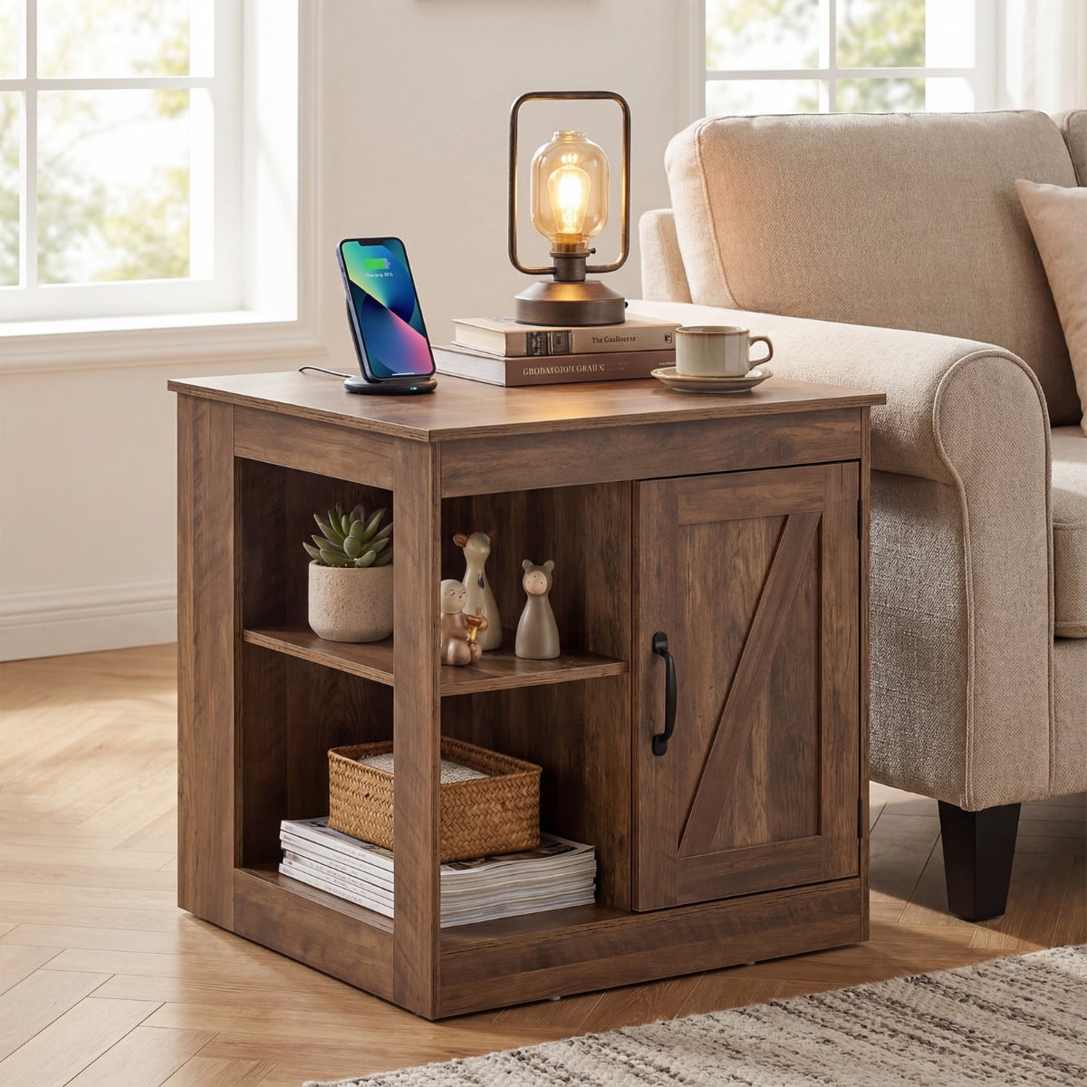 Farmhouse Nightstand with Charging Station Bedside Table with Adjustable Shelf-Black
