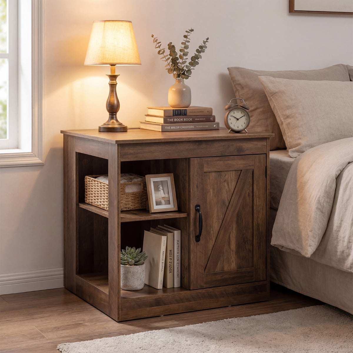 Farmhouse Nightstand with Charging Station Bedside Table with Adjustable Shelf-Black