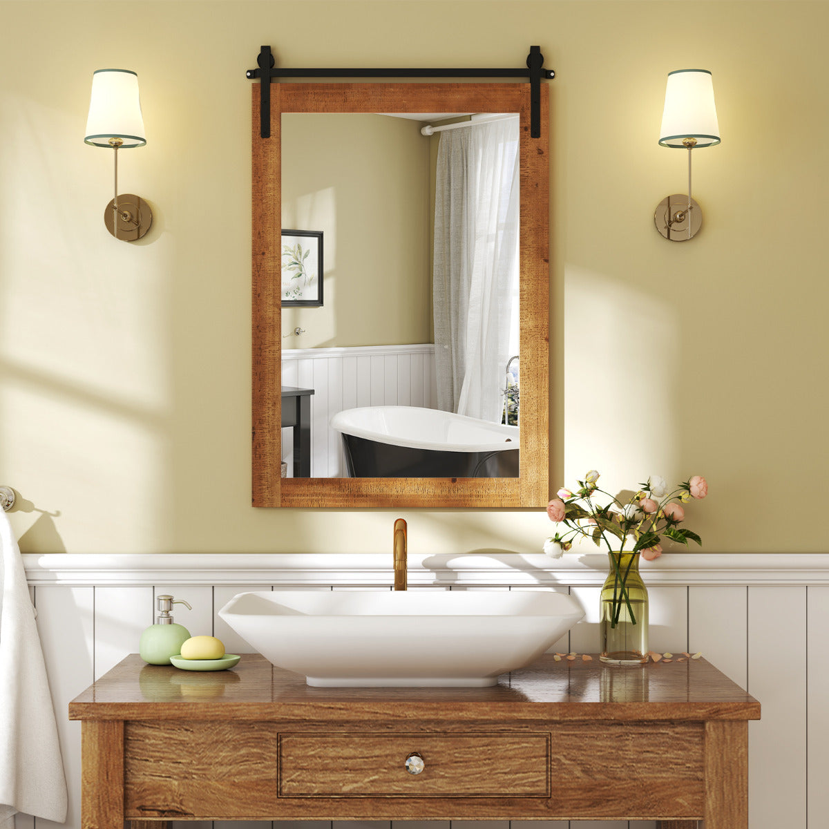 Farmhouse Rustic Bathroom Wall Mirror with Wood Frame-Brown