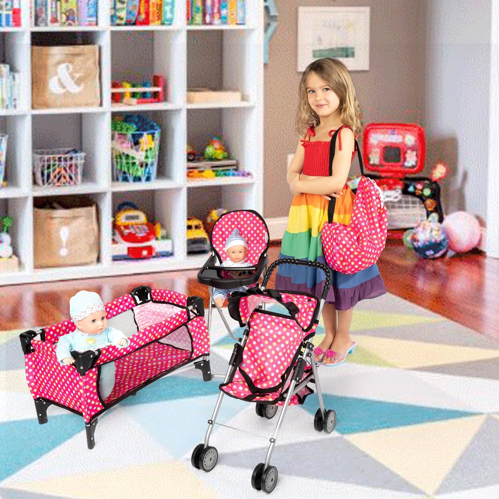 Fash N Kolor 4-Piece Doll Play Set – Stroller, High Chair, Pack N Play & Infant Seat (Fits Up to 18” Dolls)