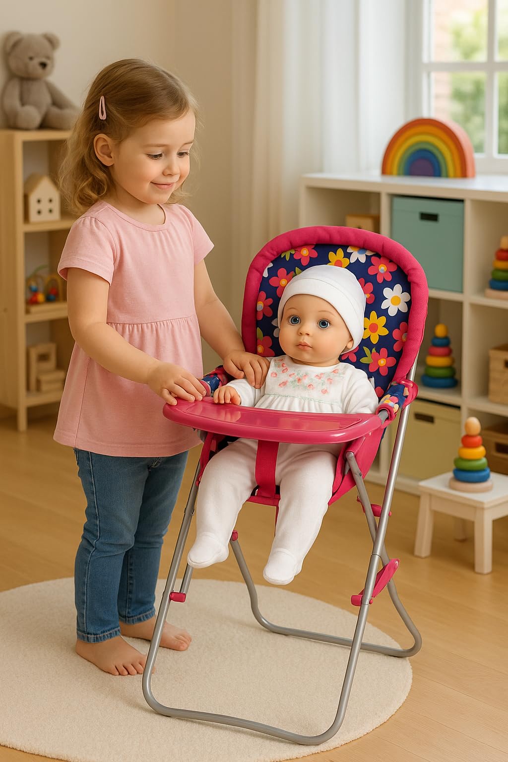Fash N Kolor Baby Doll High Chair with Tray for 18-Inch Dolls – Flower Print & Foldable