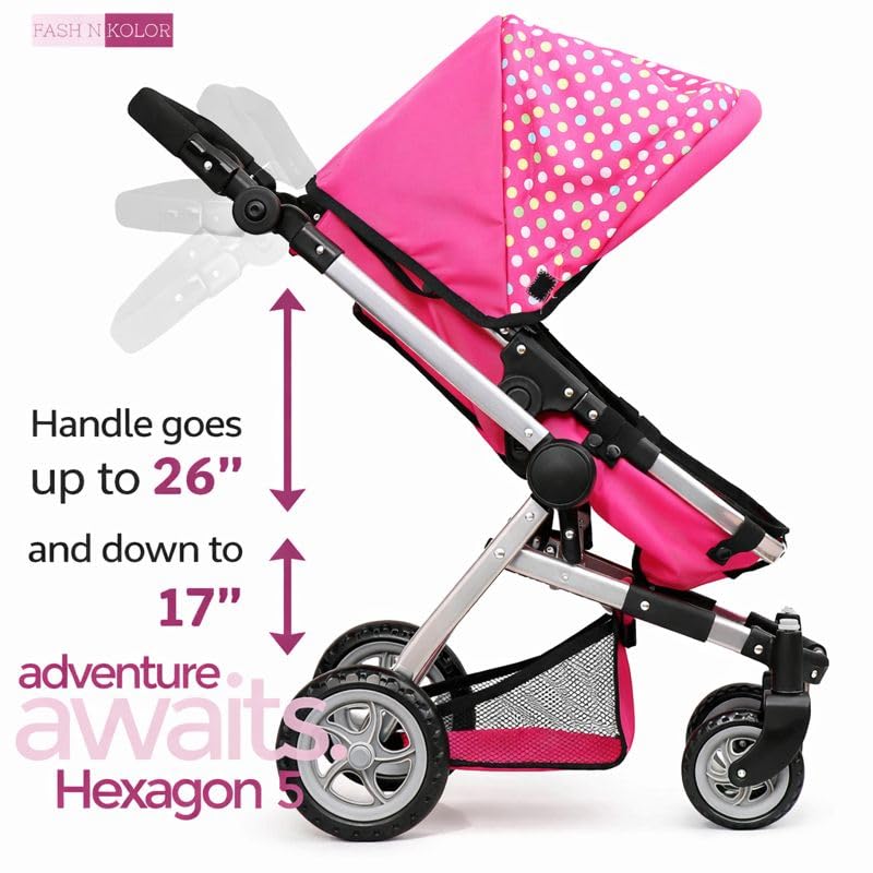 Fash n Kolor Foldable Pram for Baby Doll – Polka Dots, Swiveling Wheels, Adjustable Handle