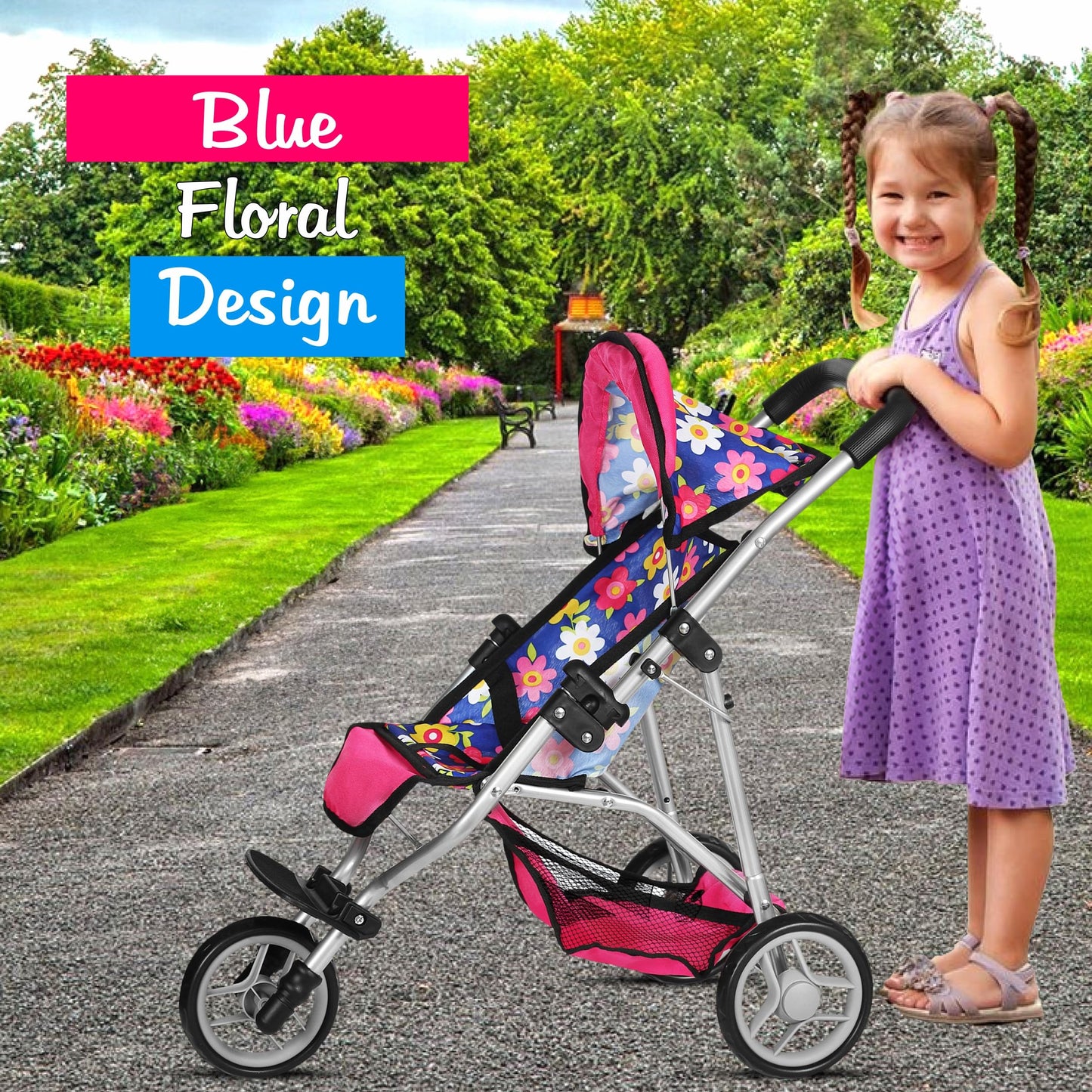 Fash N Kolor Baby Doll Stroller – Adjustable Canopy, Storage Basket, Foldable Pram for Dolls