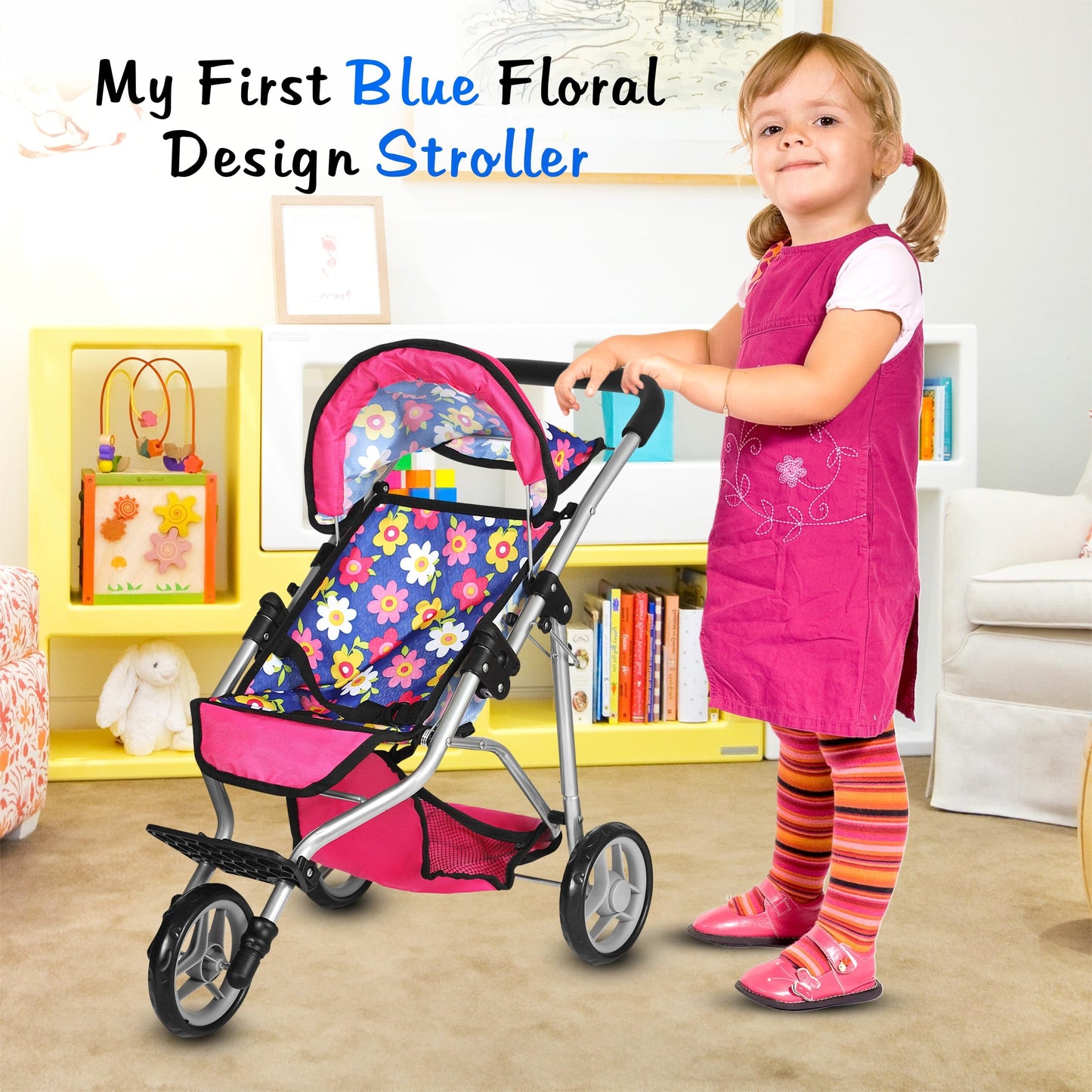Fash N Kolor Baby Doll Stroller – Adjustable Canopy, Storage Basket, Foldable Pram for Dolls