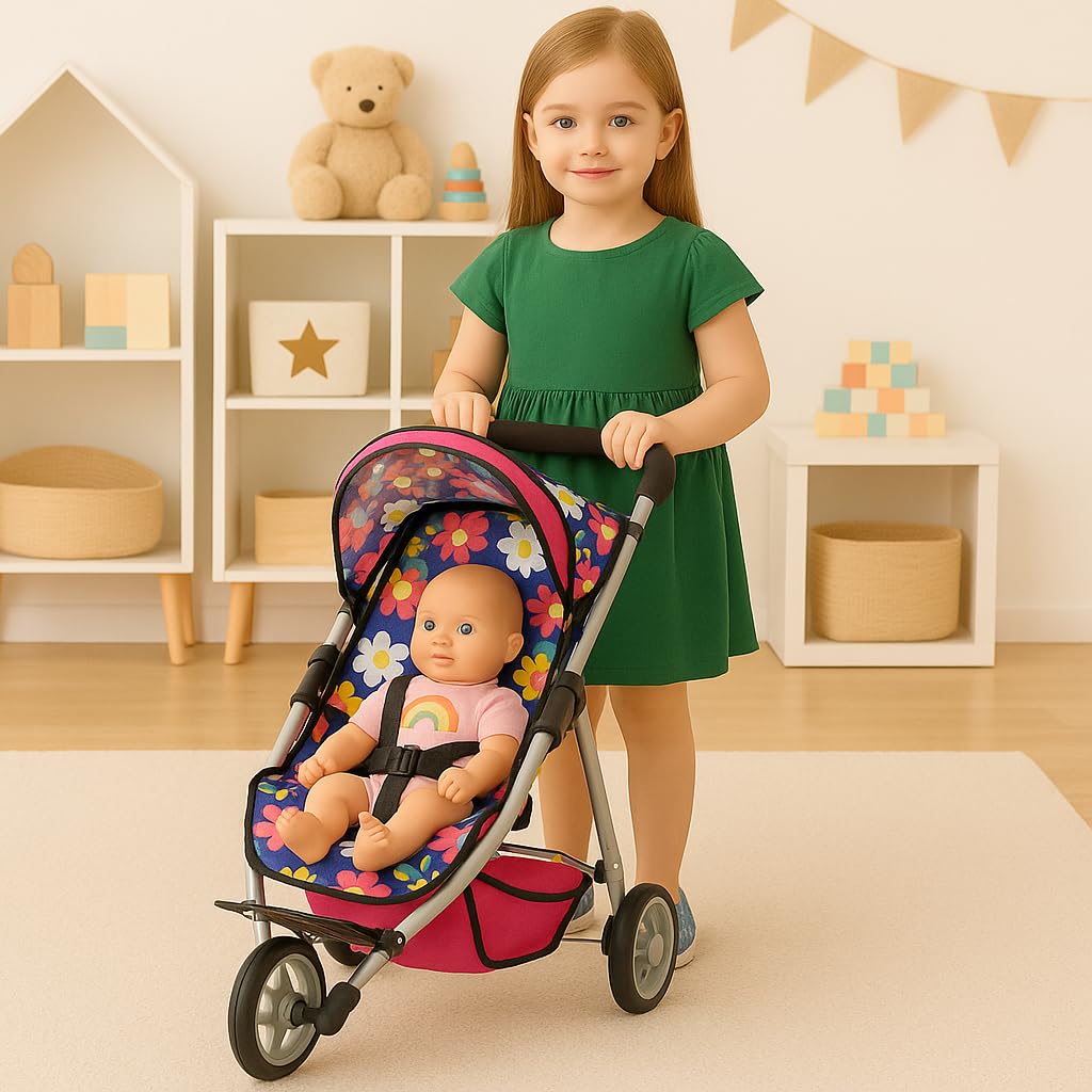 Fash N Kolor Baby Doll Stroller – Adjustable Canopy, Storage Basket, Foldable Pram for Dolls