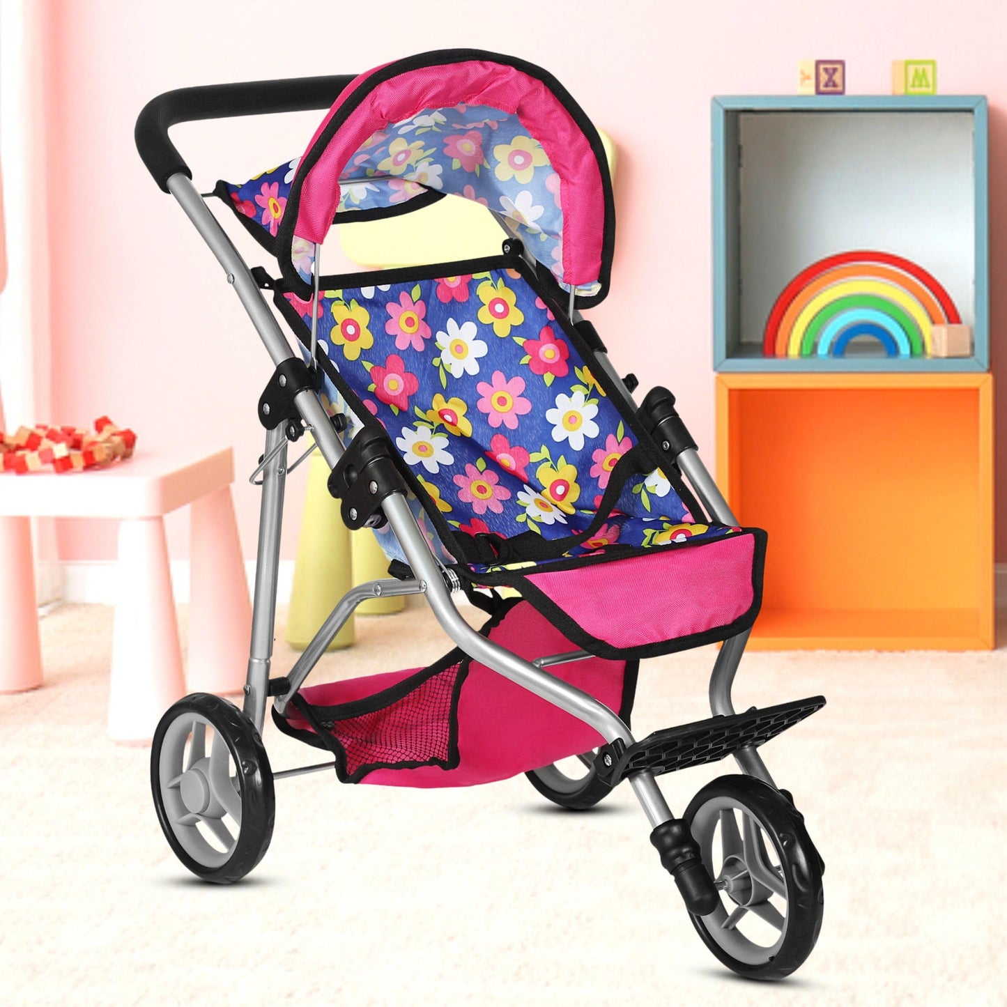 Fash N Kolor Baby Doll Stroller – Adjustable Canopy, Storage Basket, Foldable Pram for Dolls