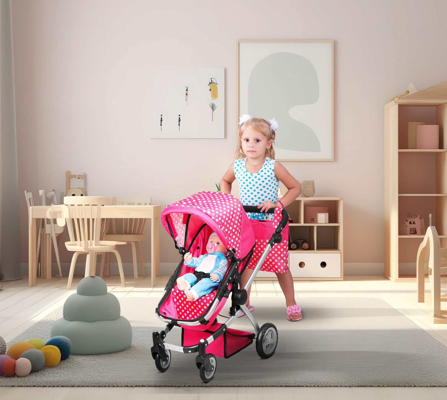 Fash n Kolor Foldable Pram for Baby Doll – Polka Dots, Swiveling Wheels, Adjustable Handle