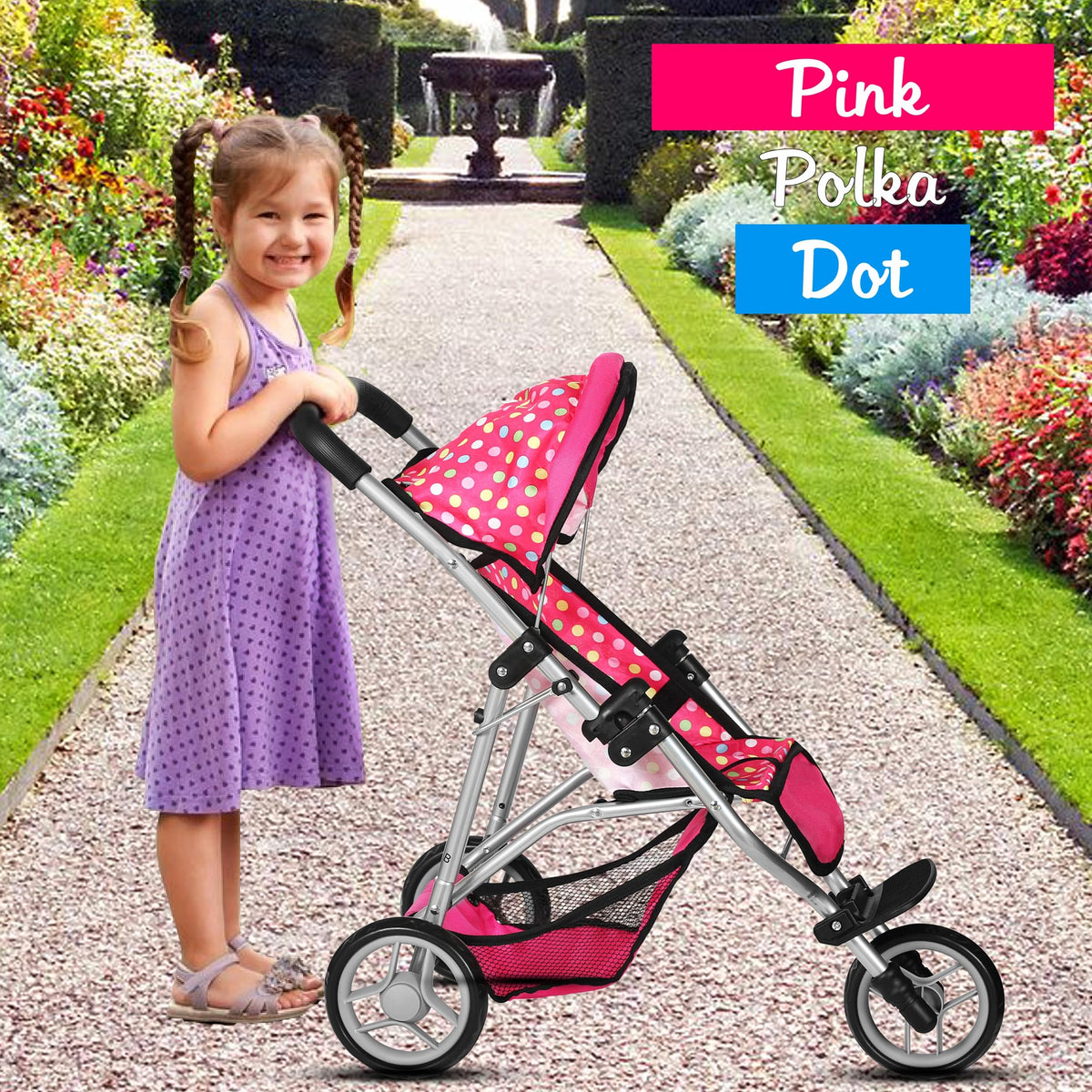 Fash N Kolor Denim Pink Baby Doll Stroller – Adjustable Canopy & Toy Storage