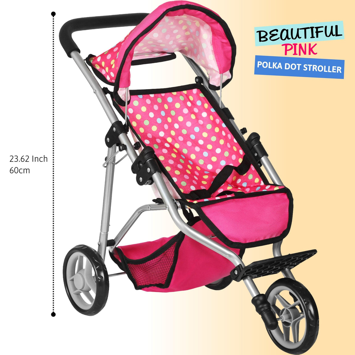 Fash N Kolor Denim Pink Baby Doll Stroller – Adjustable Canopy & Toy Storage