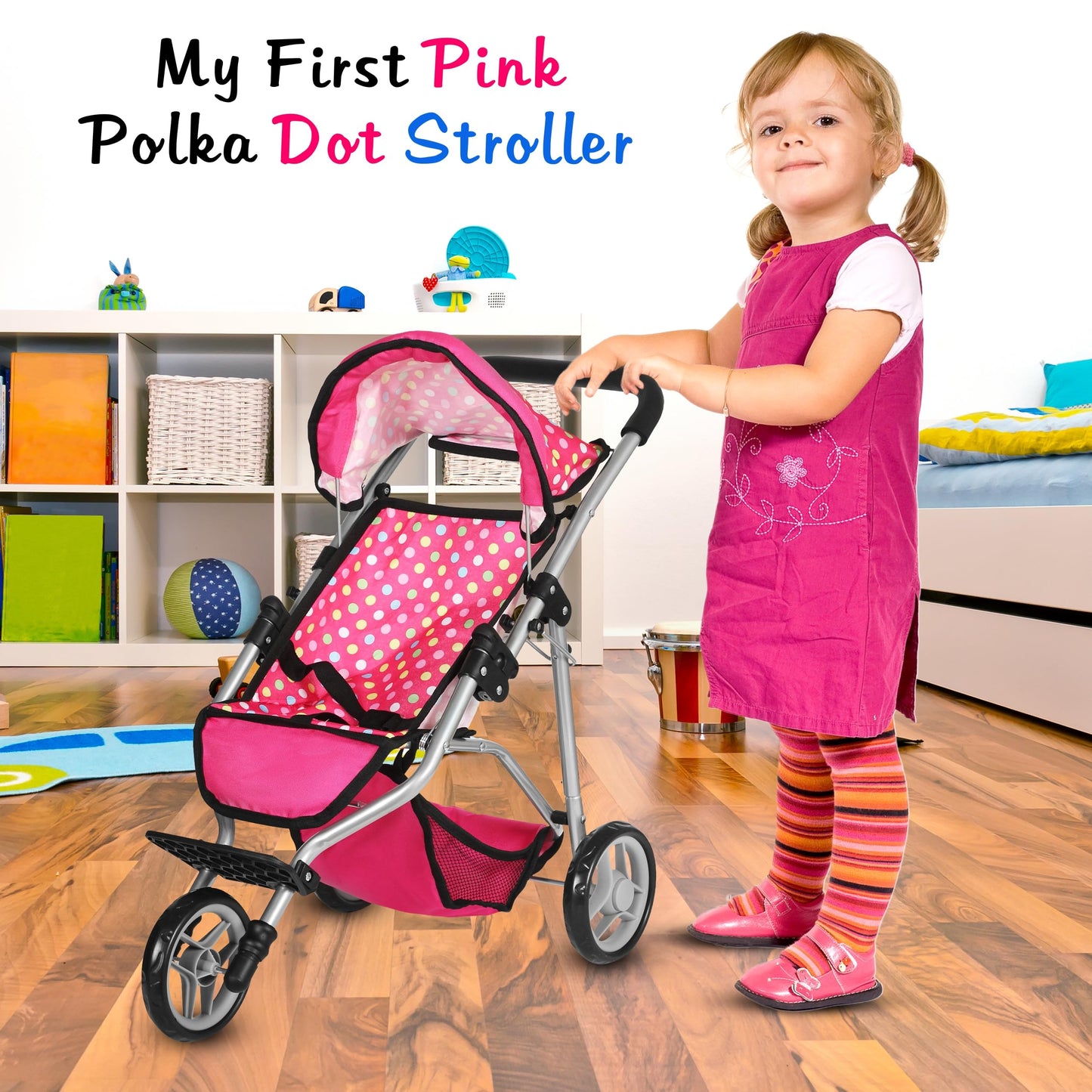 Fash N Kolor Denim Pink Baby Doll Stroller – Adjustable Canopy & Toy Storage