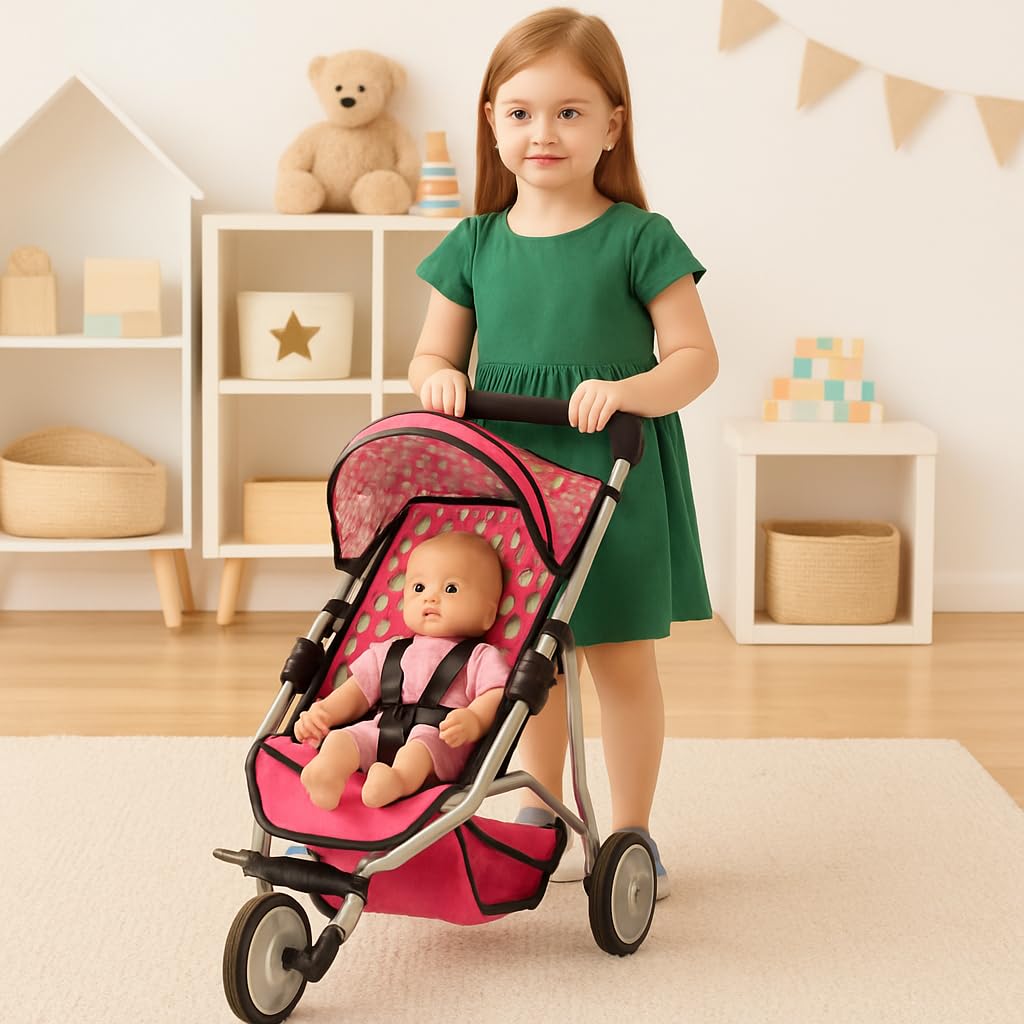 Fash N Kolor Denim Pink Baby Doll Stroller – Adjustable Canopy & Toy Storage