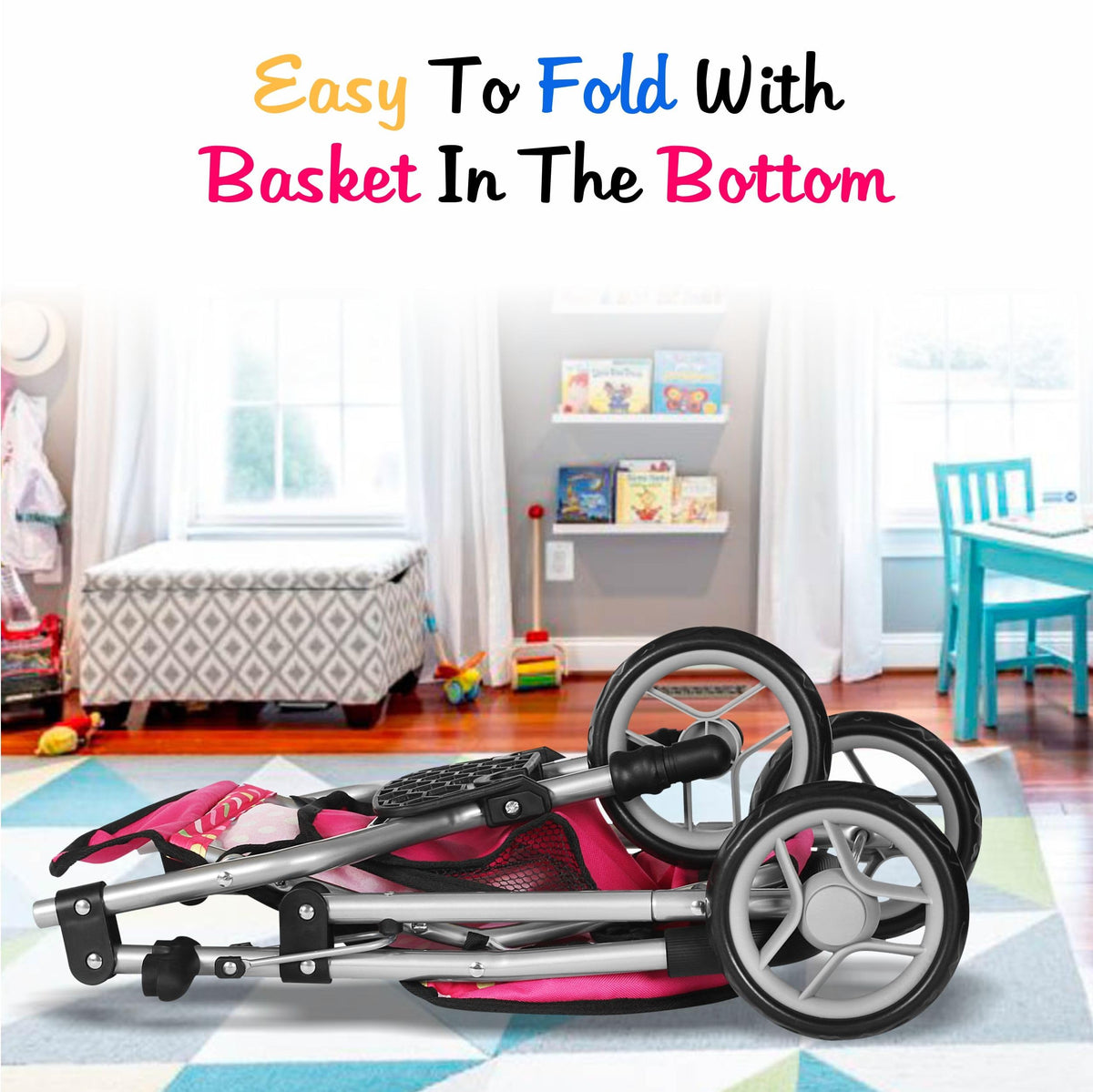Fash N Kolor Denim Pink Baby Doll Stroller – Adjustable Canopy & Toy Storage