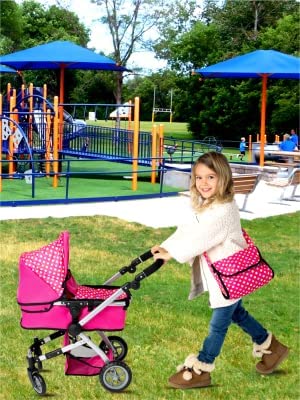 Fash n Kolor Foldable Pram for Baby Doll – Polka Dots, Swiveling Wheels, Adjustable Handle