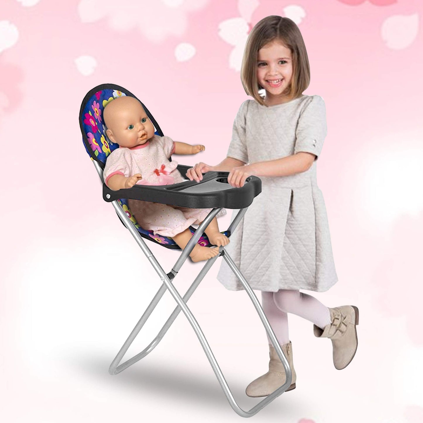 Fash N Kolor Baby Doll High Chair with Tray for 18-Inch Dolls – Flower Print & Foldable