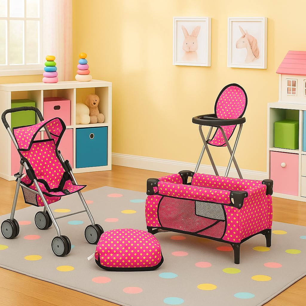 Fash N Kolor 3 Piece Baby Doll Play Set – 3-in-1 Pack N Play, Stroller & High Chair for 18-Inch Dolls