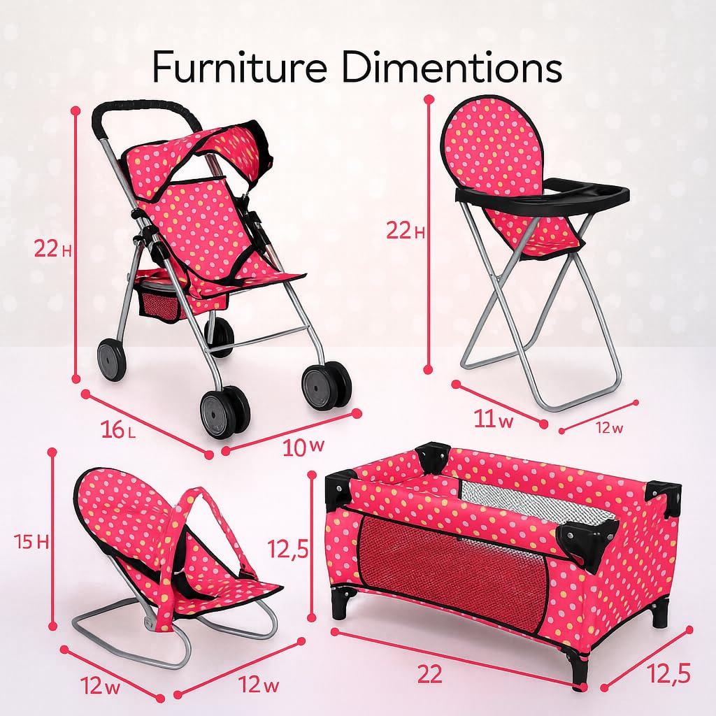 Fash N Kolor 4-Piece Doll Play Set – Stroller, High Chair, Pack N Play & Infant Seat (Fits Up to 18” Dolls)