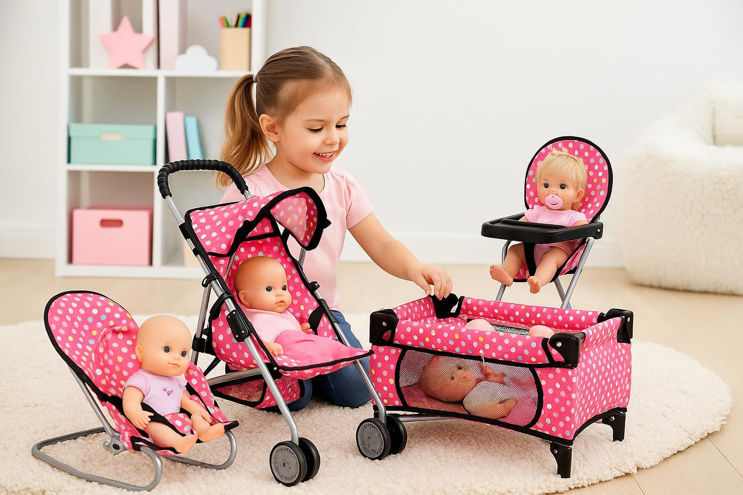 Fash N Kolor 4-Piece Doll Play Set – Stroller, High Chair, Pack N Play & Infant Seat (Fits Up to 18” Dolls)
