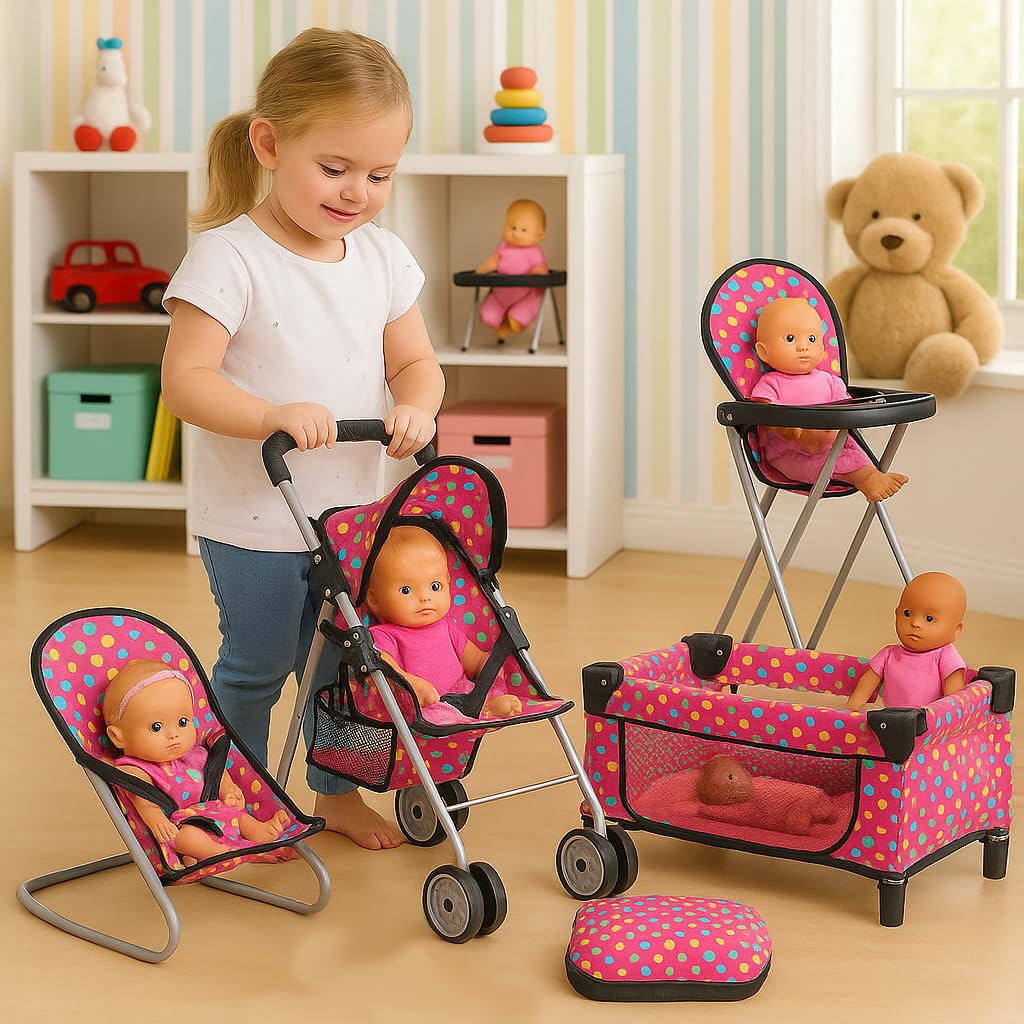 Fash N Kolor 4-Piece Doll Play Set – Stroller, High Chair, Pack N Play & Infant Seat (Fits Up to 18” Dolls)