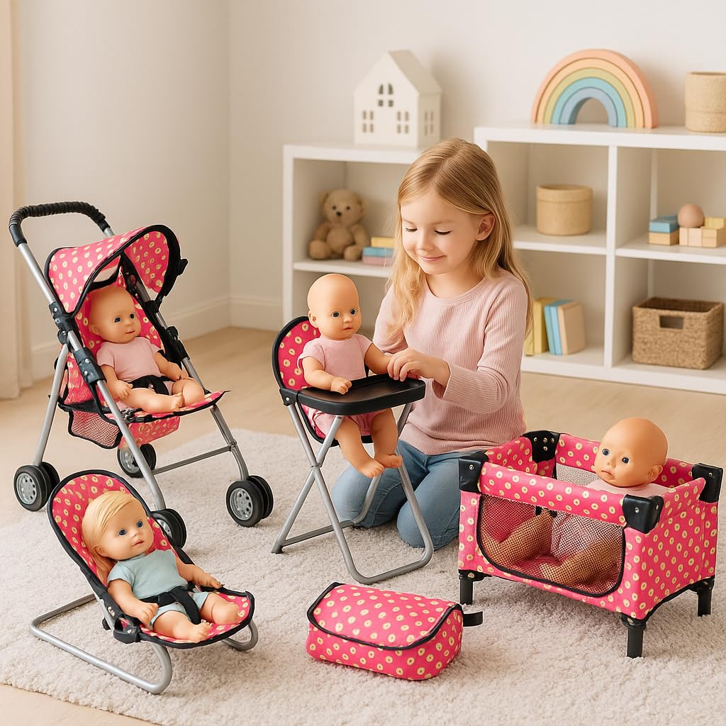 Fash N Kolor 4-Piece Doll Play Set – Stroller, High Chair, Pack N Play & Infant Seat (Fits Up to 18” Dolls)