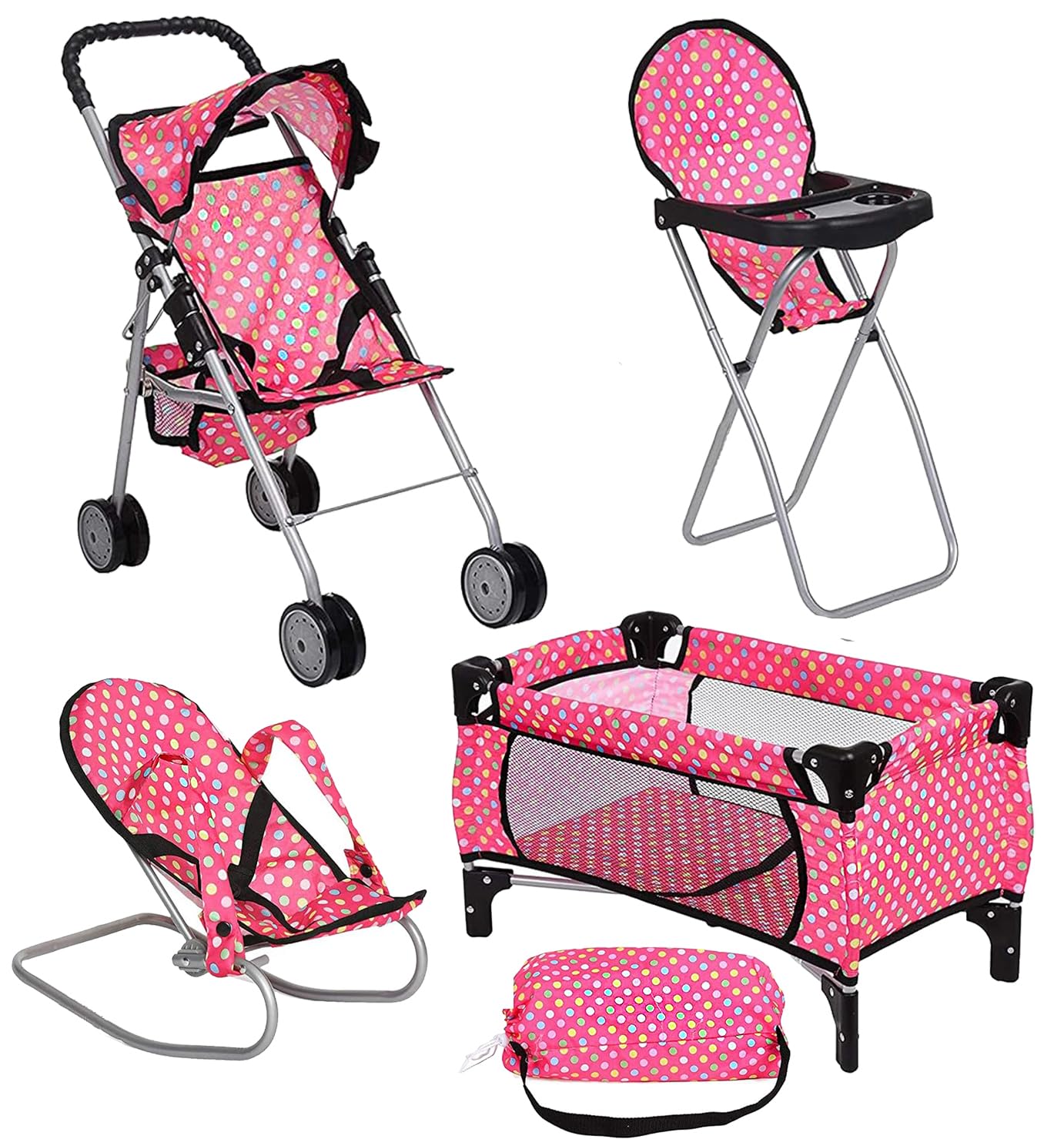 Fash N Kolor 4-Piece Doll Play Set – Stroller, High Chair, Pack N Play & Infant Seat (Fits Up to 18” Dolls)
