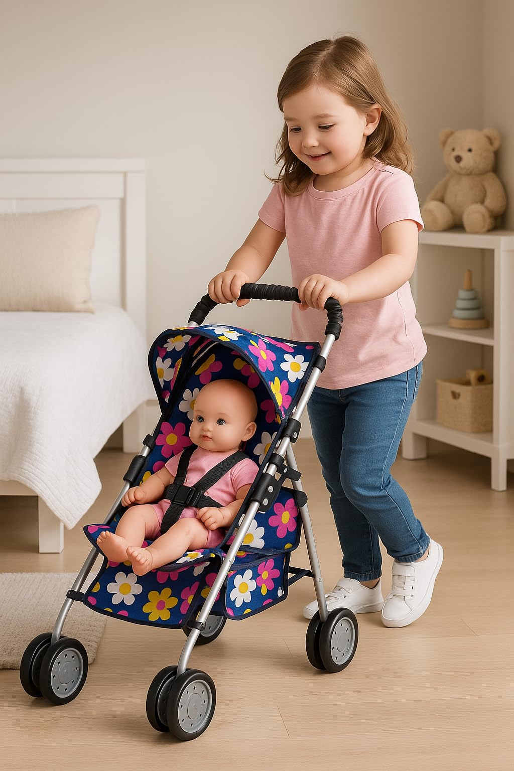 Fash N Kolor My First Doll Stroller – Foldable 18-inch Doll Pram with Safety Belt