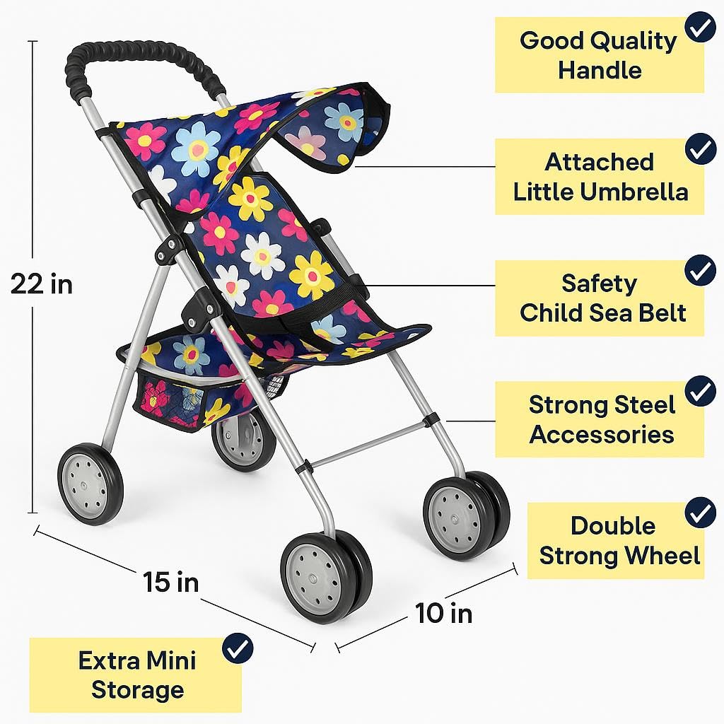 Fash N Kolor My First Doll Stroller – Foldable 18-inch Doll Pram with Safety Belt