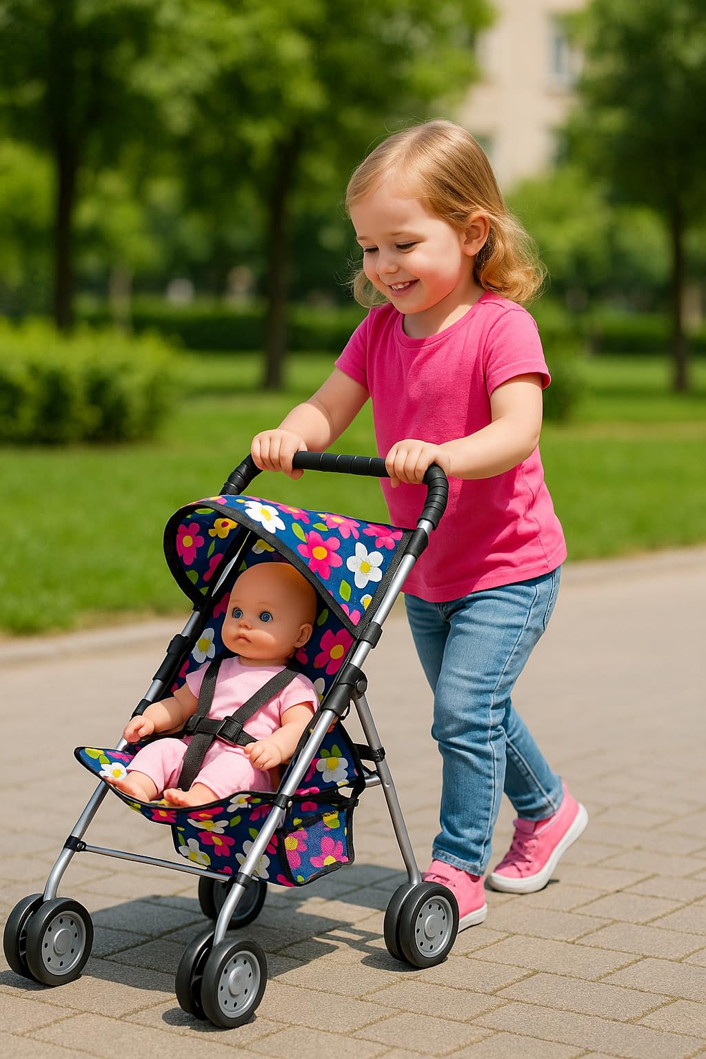 Fash N Kolor My First Doll Stroller – Foldable 18-inch Doll Pram with Safety Belt
