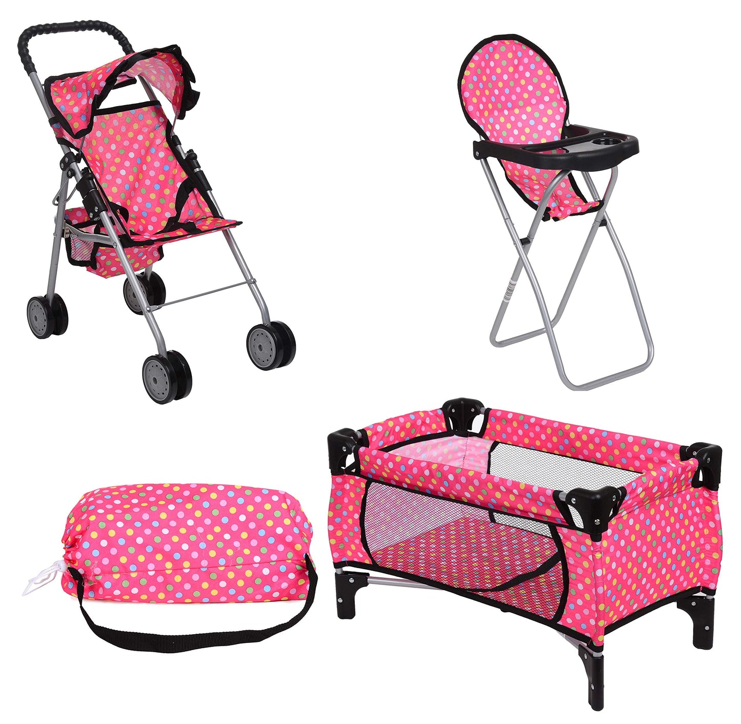 Fash N Kolor 3 Piece Baby Doll Play Set – 3-in-1 Pack N Play, Stroller & High Chair for 18-Inch Dolls