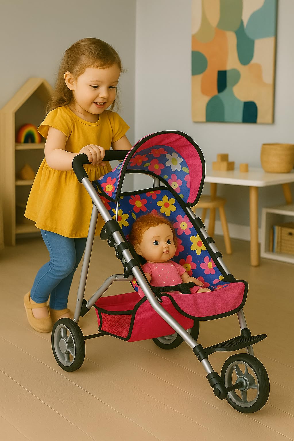 Fash N Kolor Baby Doll Stroller – Adjustable Canopy, Storage Basket, Foldable Pram for Dolls
