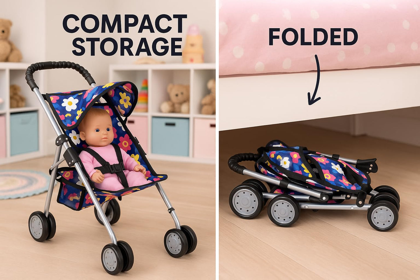 Fash N Kolor My First Doll Stroller – Foldable 18-inch Doll Pram with Safety Belt