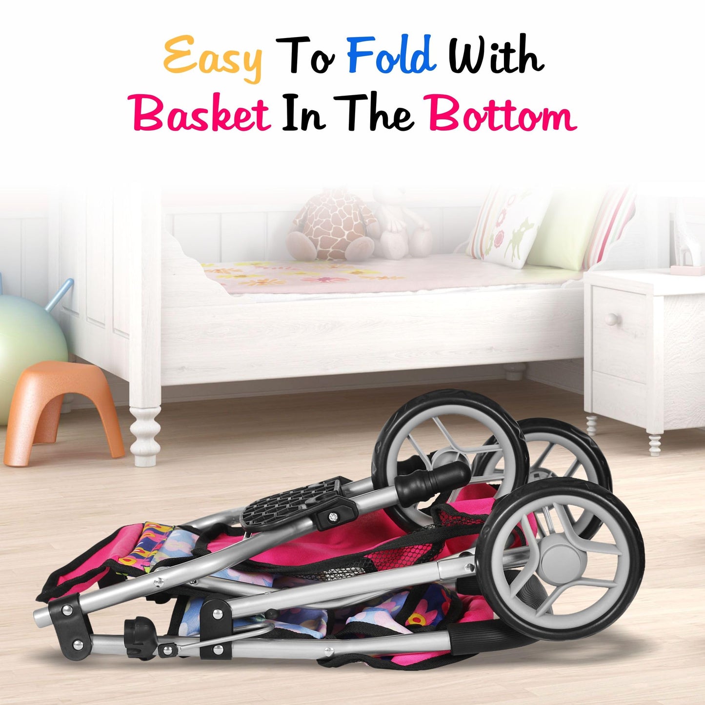 Fash N Kolor Baby Doll Stroller – Adjustable Canopy, Storage Basket, Foldable Pram for Dolls