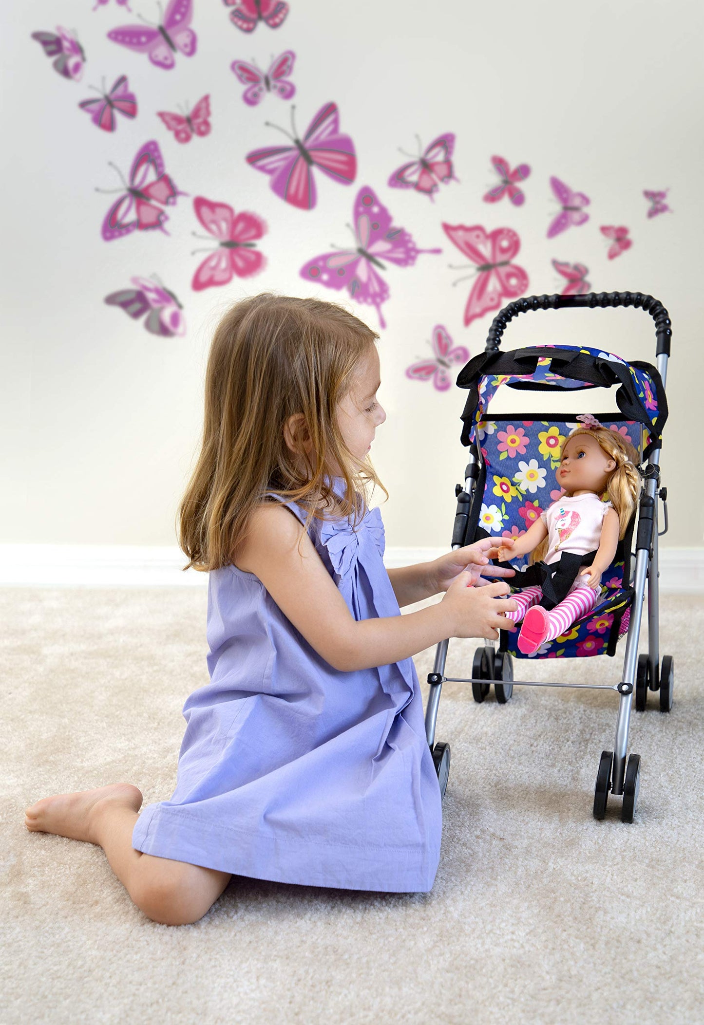 Fash N Kolor My First Doll Stroller – Foldable 18-inch Doll Pram with Safety Belt