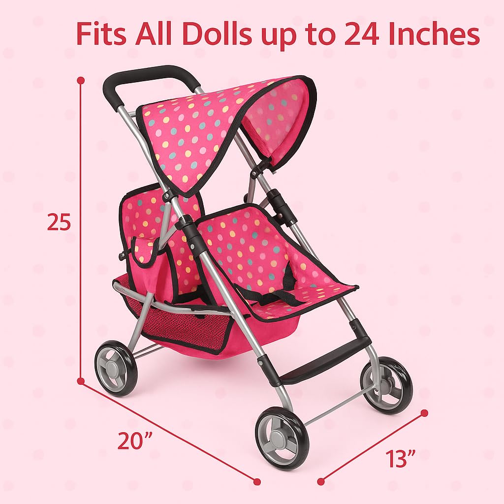 Fash n Kolor Twin Baby Doll Stroller – Polka-Dot Pink, Foldable Twin Stroller for Dolls