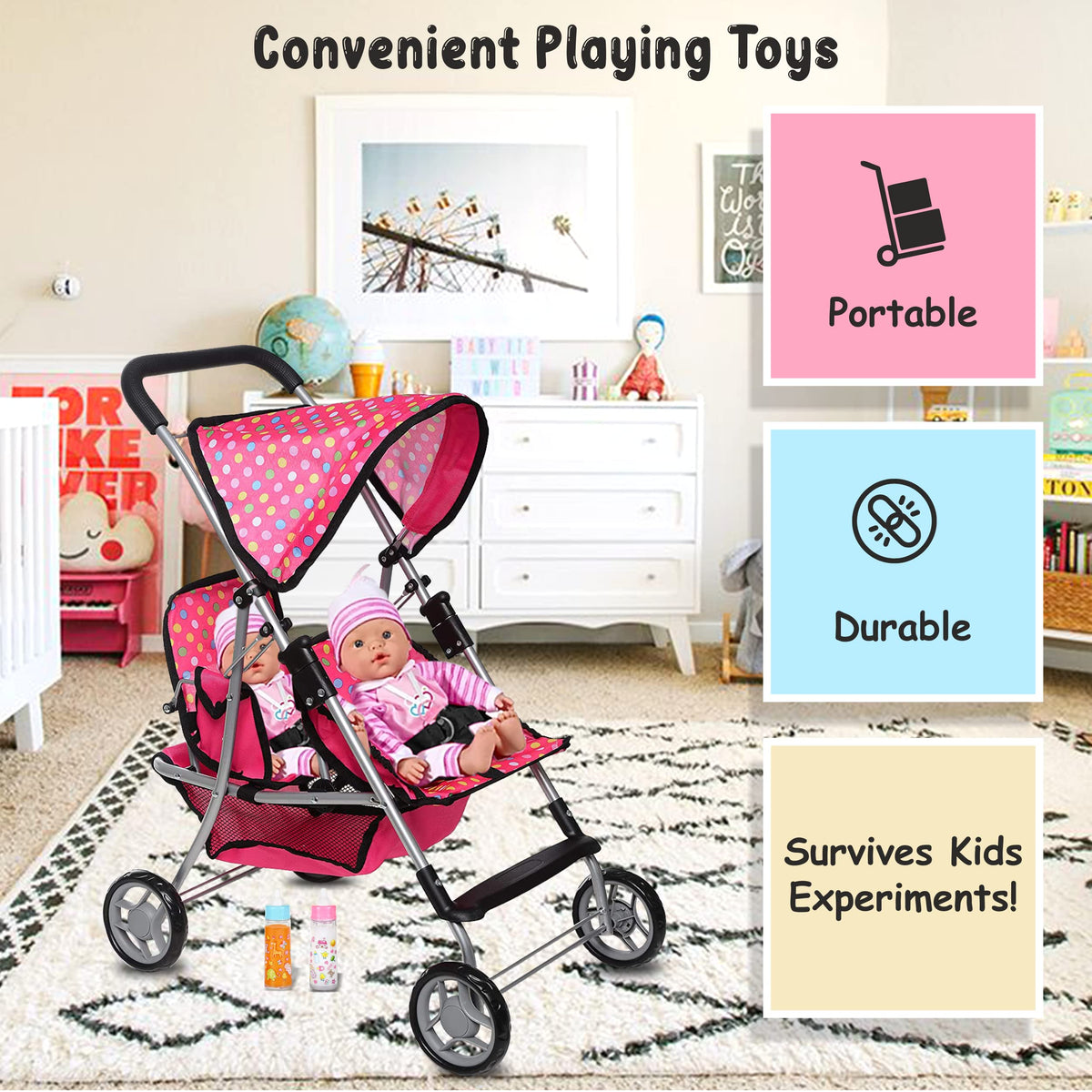 Fash n Kolor Twin Baby Doll Stroller – Polka-Dot Pink, Foldable Twin Stroller for Dolls