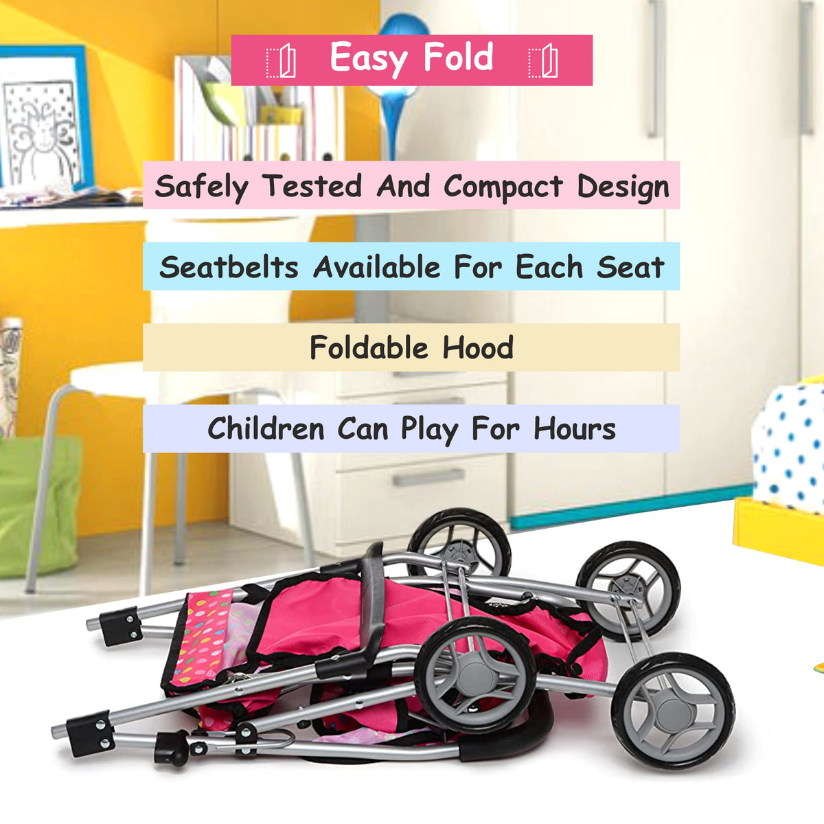 Fash n Kolor Twin Baby Doll Stroller – Polka-Dot Pink, Foldable Twin Stroller for Dolls