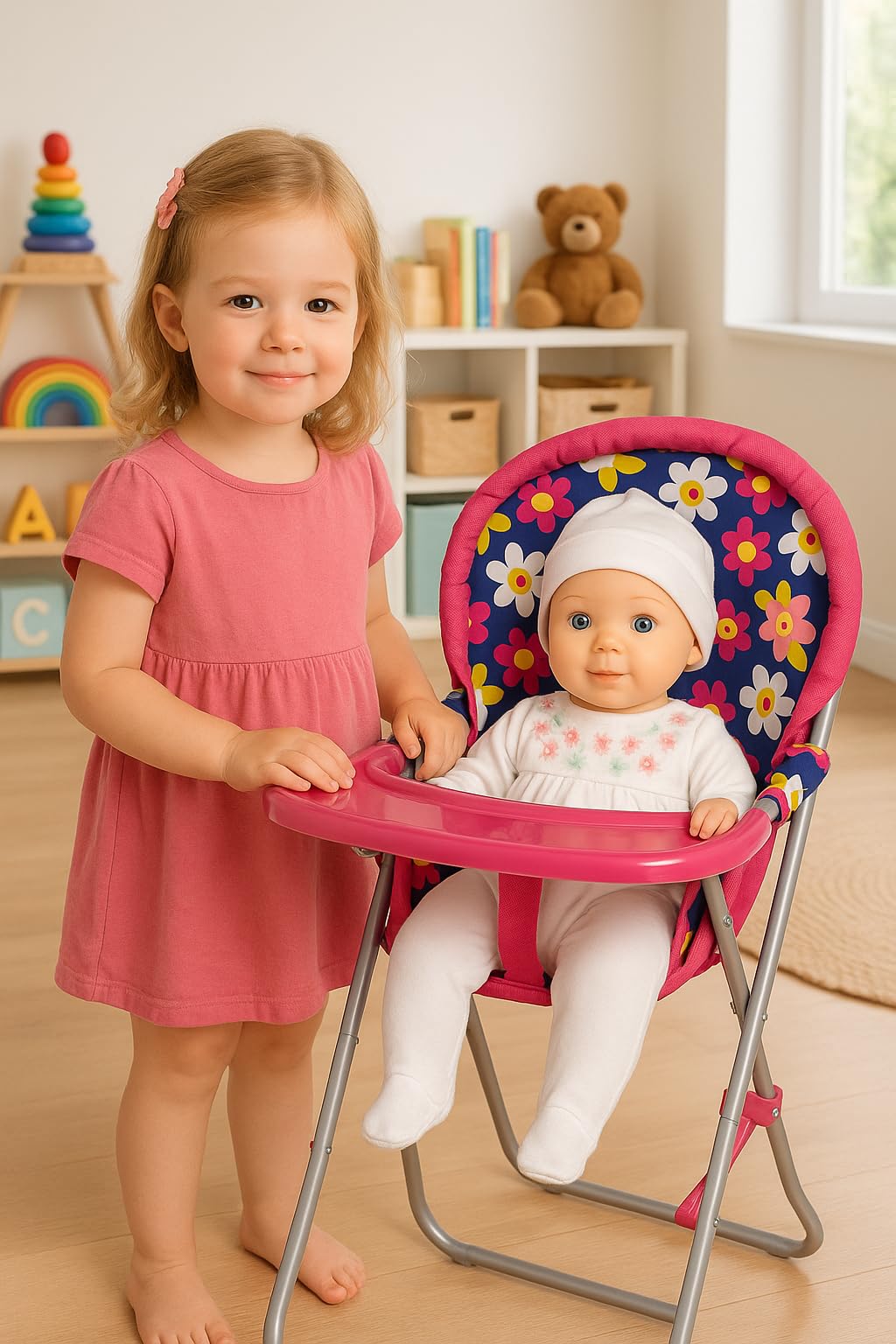 Fash N Kolor Baby Doll High Chair with Tray for 18-Inch Dolls – Flower Print & Foldable