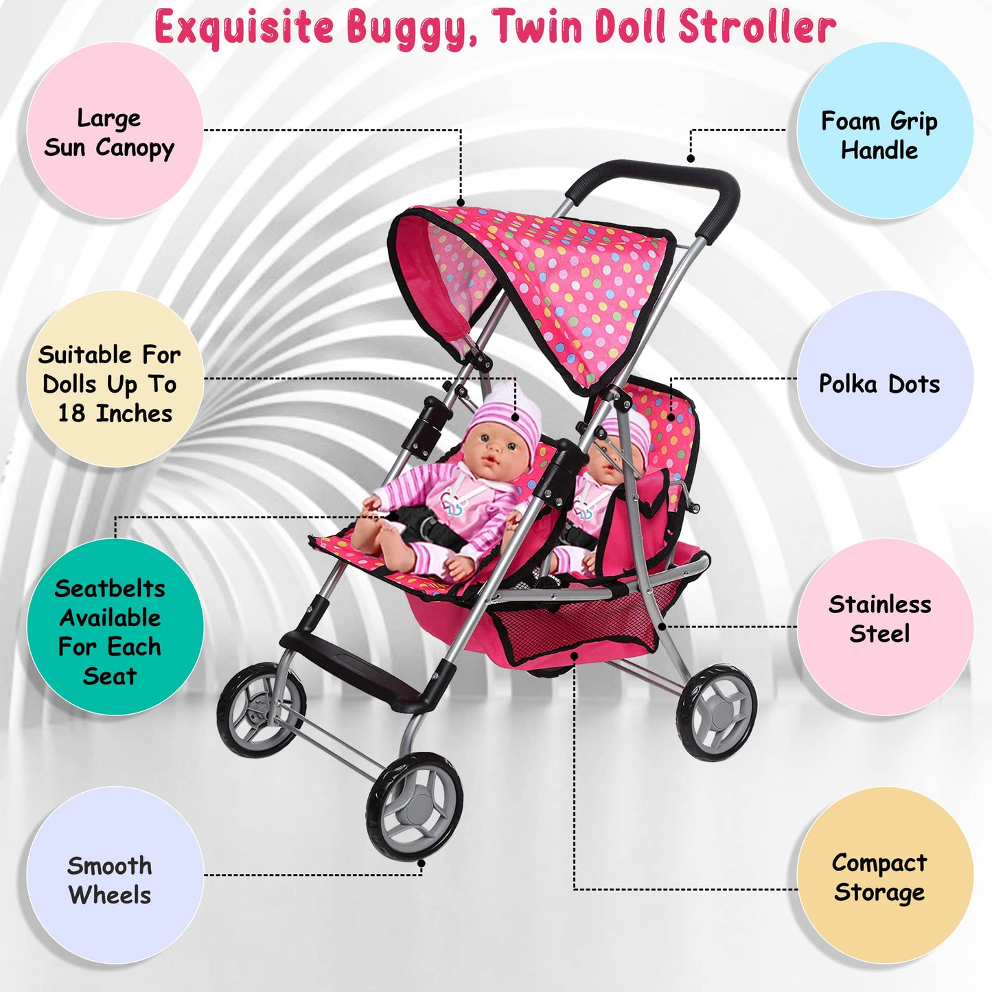 Fash n Kolor Twin Baby Doll Stroller – Polka-Dot Pink, Foldable Twin Stroller for Dolls