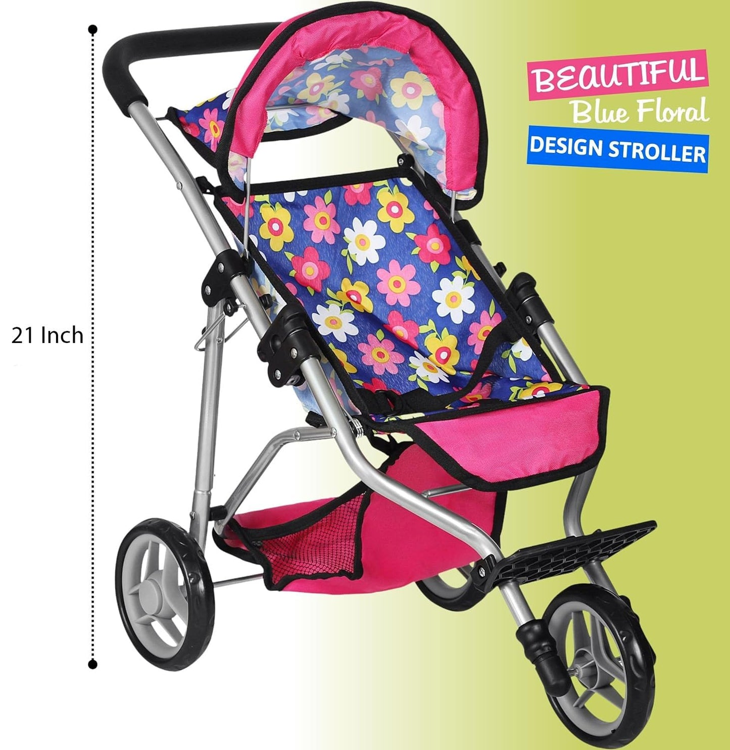 Fash N Kolor Baby Doll Stroller – Adjustable Canopy, Storage Basket, Foldable Pram for Dolls
