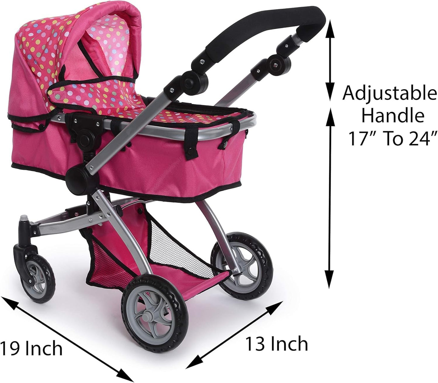 Fash n Kolor Foldable Pram for Baby Doll – Polka Dots, Swiveling Wheels, Adjustable Handle