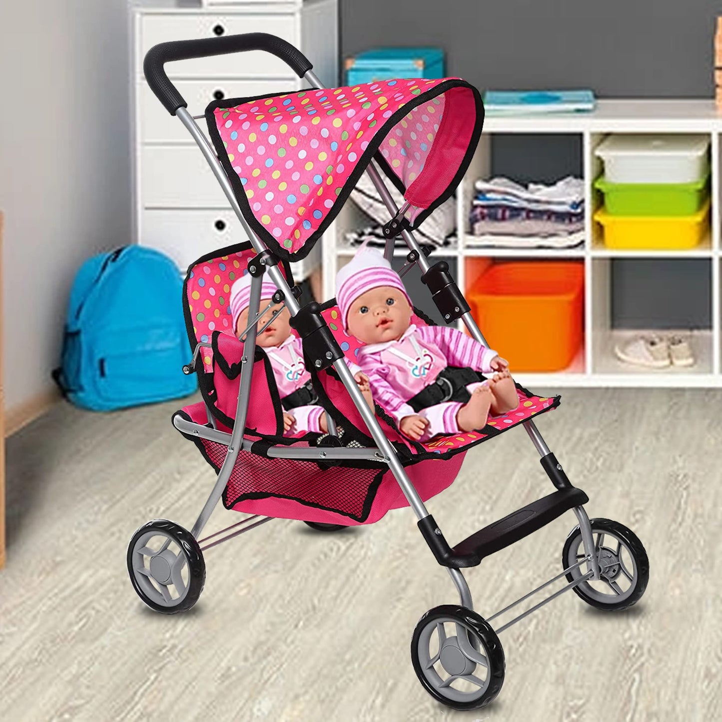 Fash n Kolor Twin Baby Doll Stroller – Polka-Dot Pink, Foldable Twin Stroller for Dolls