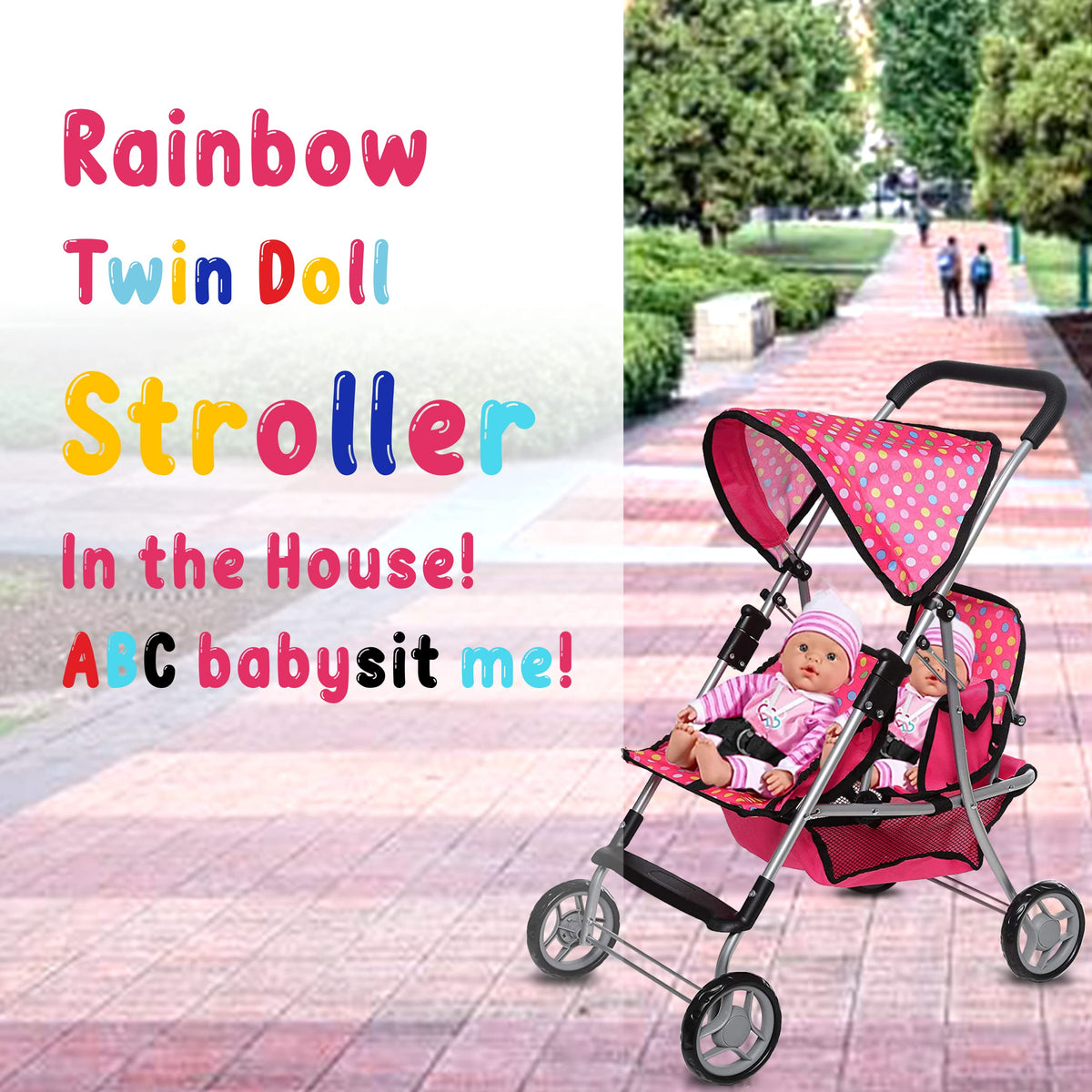 Fash n Kolor Twin Baby Doll Stroller – Polka-Dot Pink, Foldable Twin Stroller for Dolls
